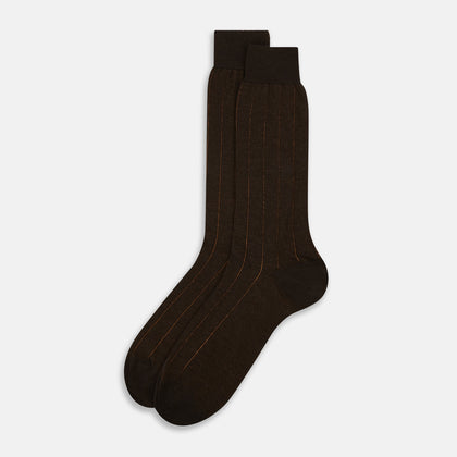 Dark Chocolate and Rust Yarn Wide Striped Wool Mid-length Socks
