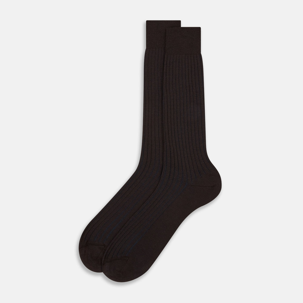 Dark Chocolate and Blue Yarn Striped Wool Mid-length Socks 13