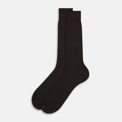 Dark Chocolate and Blue Yarn Striped Wool Mid-length Socks