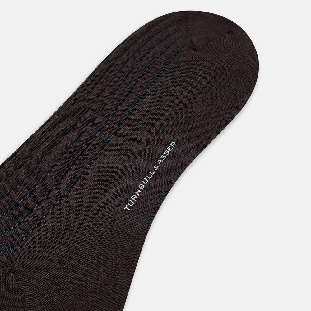 Dark Chocolate and Blue Yarn Striped Wool Mid-length Socks 13