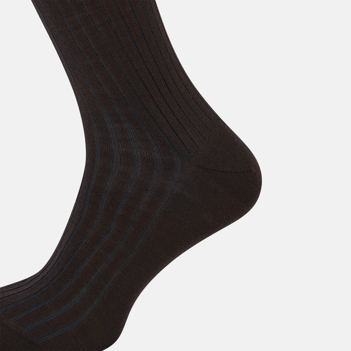 Dark Chocolate and Blue Yarn Striped Wool Mid-length Socks Image 3