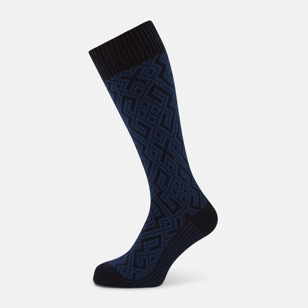 Navy Diamond Wool Mid-length Socks 13