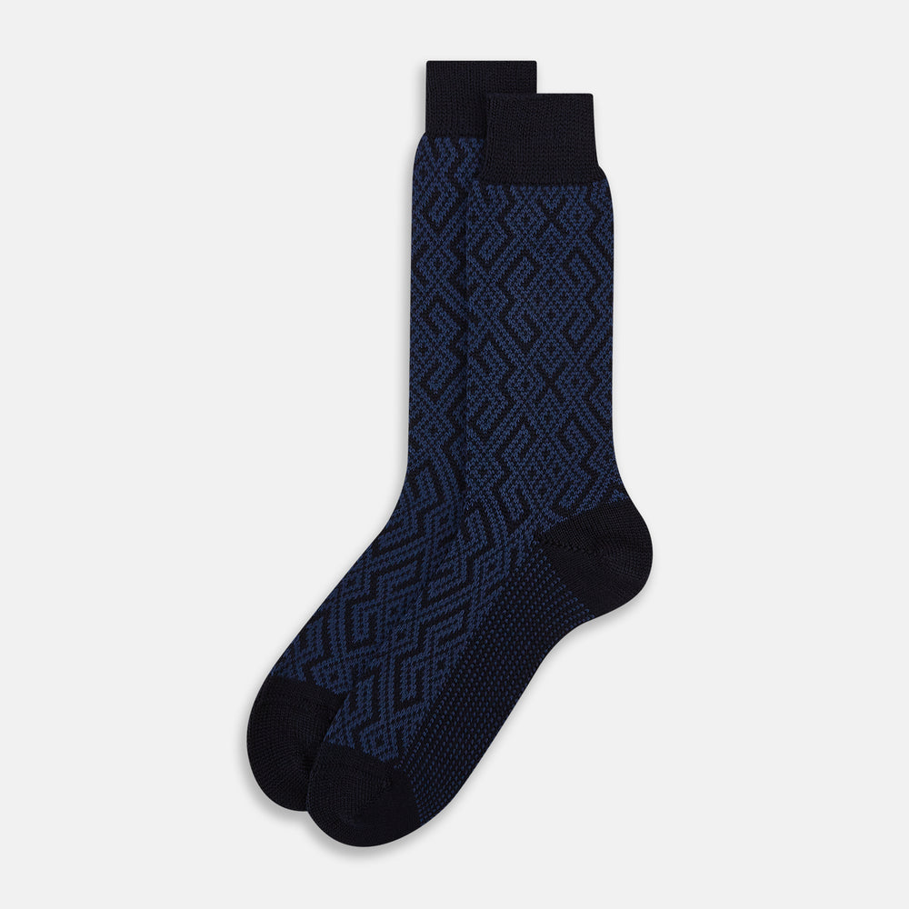 Navy Diamond Wool Mid-length Socks 13