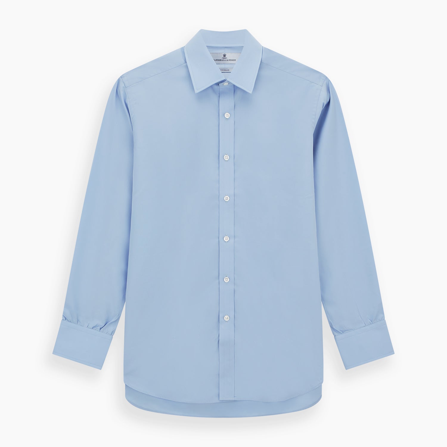 View 1 of product Turnbull & Asser Blue Cotton Shirt with T&A collar and 3-button cuffs, shown laid flat on a white background—perfect for pairing with a navy suit for a sharp look.