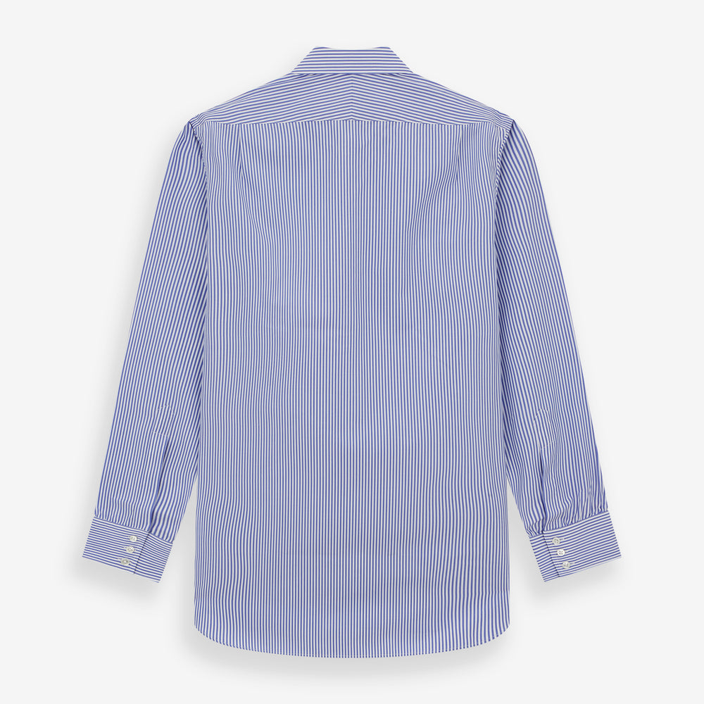 The Turnbull & Asser Blue Bengal Stripe Shirt features a T&A collar, 3-button cuffs, and classic blue and white vertical stripes, shown neatly laid flat against a white background.