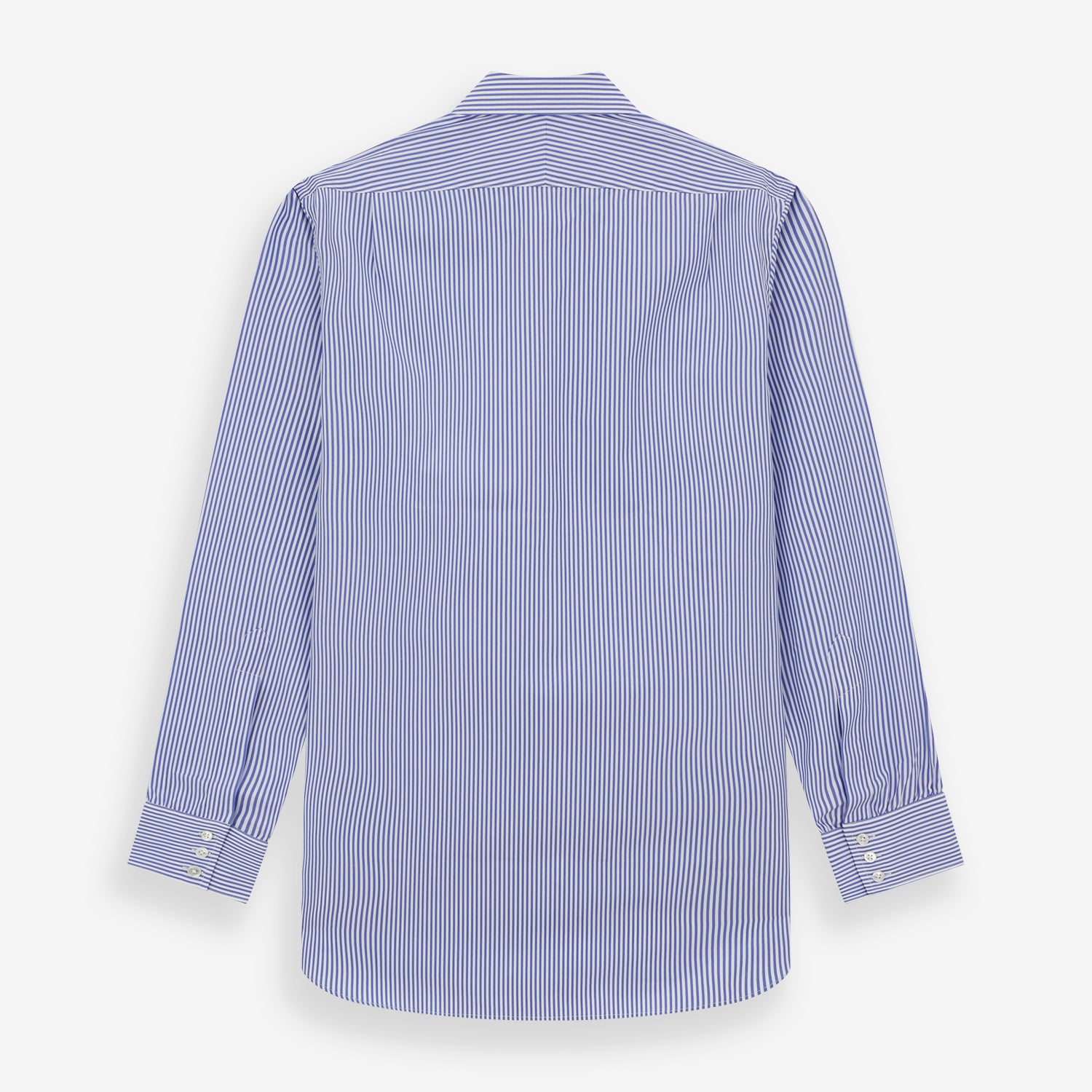 View 5 of product The Turnbull & Asser Blue Bengal Stripe Shirt features a T&A collar, 3-button cuffs, and classic blue and white vertical stripes, shown neatly laid flat against a white background.