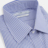 View 2 of product The Turnbull & Asser Blue Bengal Stripe Shirt features a T&A collar, 3-button cuffs, and classic blue and white vertical stripes, shown neatly laid flat against a white background.