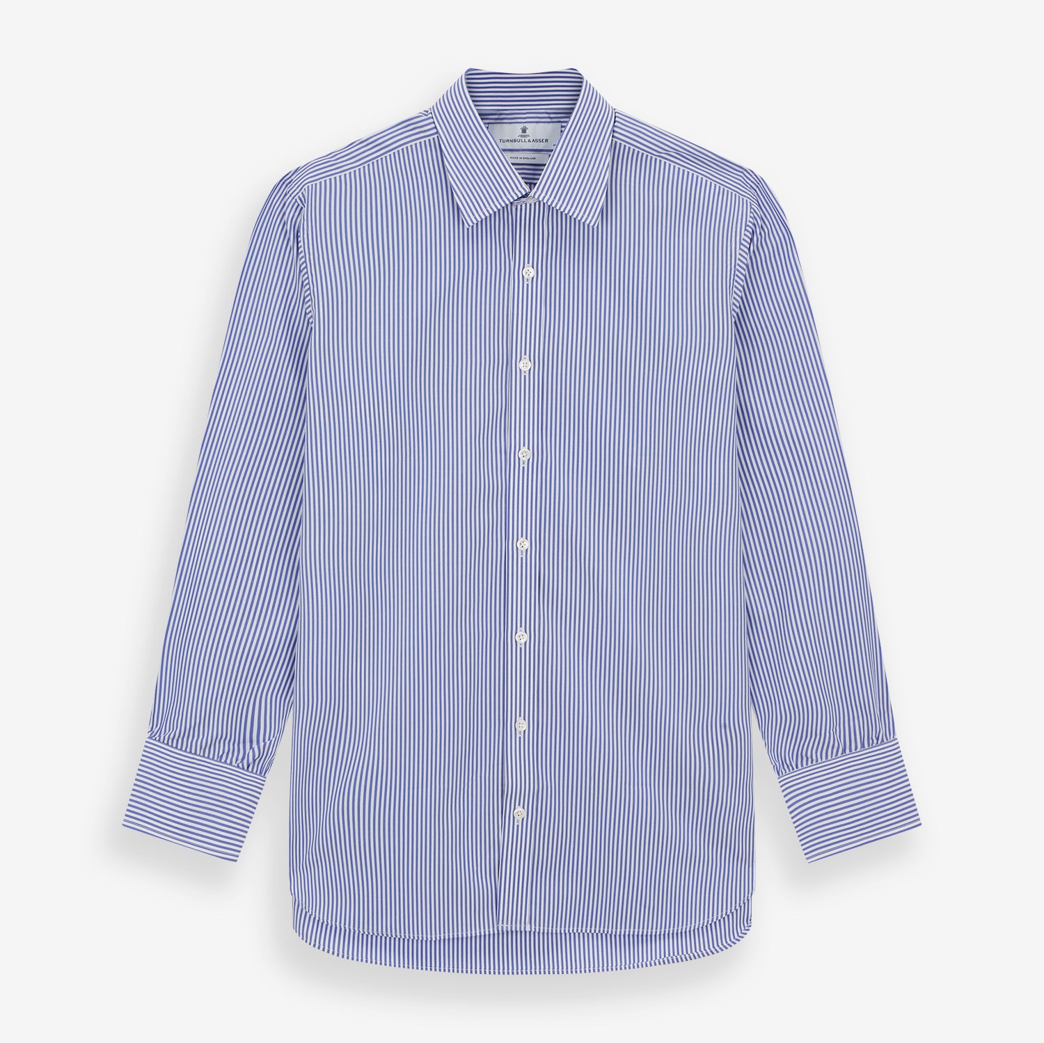 View 1 of product The Turnbull & Asser Blue Bengal Stripe Shirt features a T&A collar, 3-button cuffs, and classic blue and white vertical stripes, shown neatly laid flat against a white background.