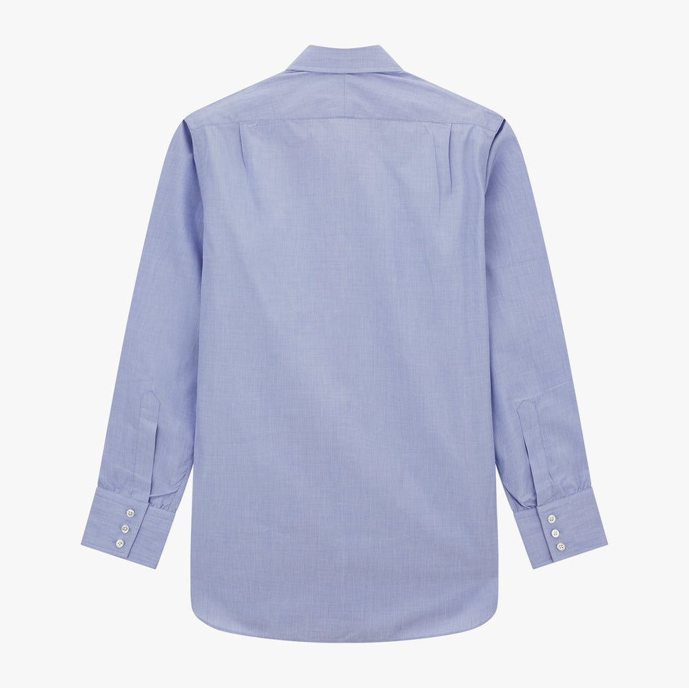 The Turnbull & Asser Blue End-on-End Cotton Shirt features a T&A collar, 3-button cuffs, and white buttons—ideal for pairing with a navy suit or any smart outfit.