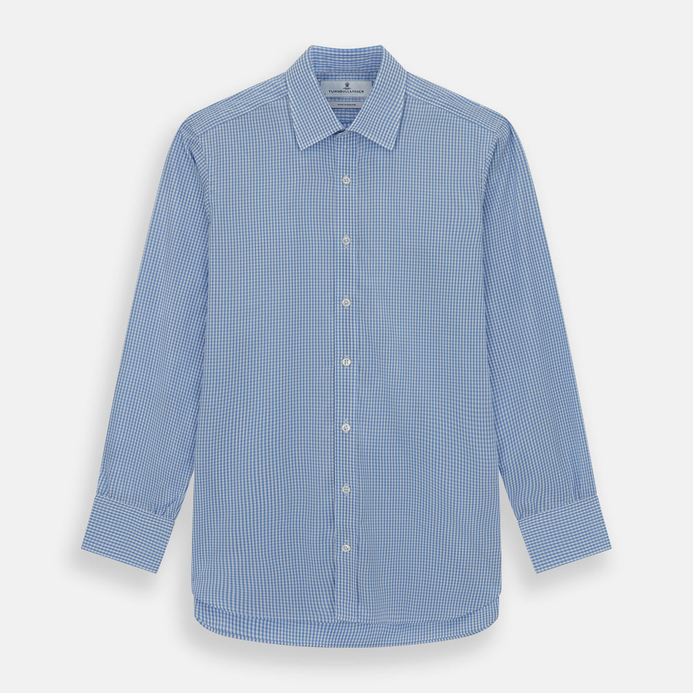 The Turnbull & Asser Light Blue Gingham Check Shirt features a T&A collar, 3-button cuffs, and white buttons down the front.