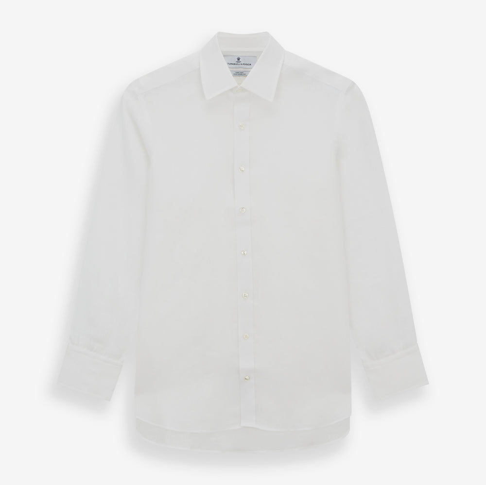 The Turnbull & Asser White Linen Shirt features a T&A collar and 3-button cuffs—an essential summer staple, shown here laid flat on a white background.