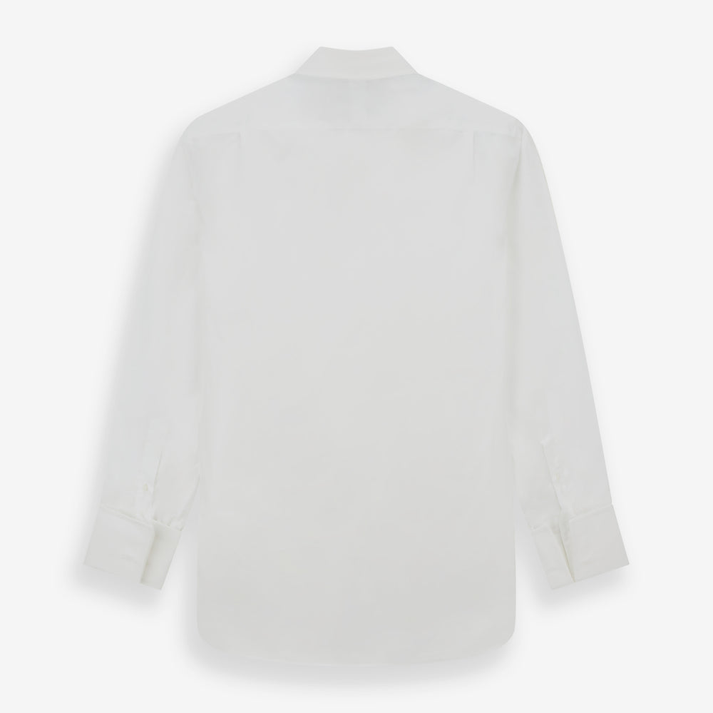 The Turnbull & Asser White Sea Island Quality Cotton Shirt features a T&A collar and double cuffs, crafted from premium cotton and shown laid flat against a white background.
