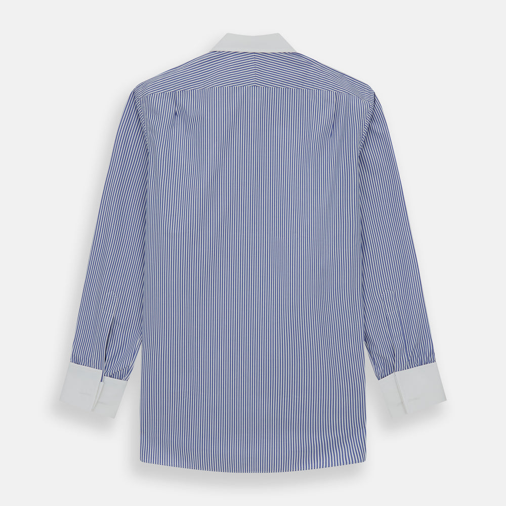 The Gekko Shirt with Contrast T&A Collar and Double Cuffs by Turnbull & Asser features blue and white vertical stripes, a white collar, and double cuffs, inspired by the Wall Street film. Displayed on a plain white background.