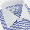 View 2 of product The Gekko Shirt with Contrast T&A Collar and Double Cuffs by Turnbull & Asser features blue and white vertical stripes, a white collar, and double cuffs, inspired by the Wall Street film. Displayed on a plain white background.
