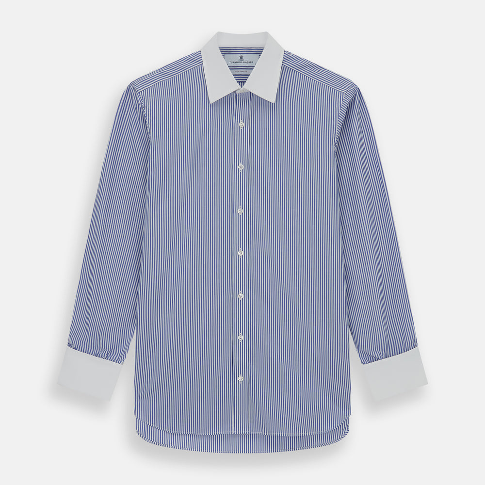 The Gekko Shirt with Contrast T&A Collar and Double Cuffs by Turnbull & Asser features blue and white vertical stripes, a white collar, and double cuffs, inspired by the Wall Street film. Displayed on a plain white background.