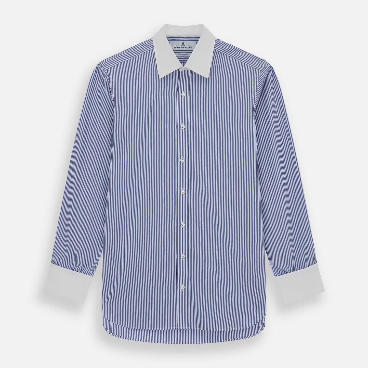 View 1 of product The Gekko Shirt with Contrast T&A Collar and Double Cuffs by Turnbull & Asser features blue and white vertical stripes, a white collar, and double cuffs, inspired by the Wall Street film. Displayed on a plain white background.