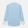 View 5 of product Turnbull & Asser Light Blue End-on-End Shirt features a contrast T&A white collar, double cuffs, long sleeves, and button-down front. Displayed on a plain white background.