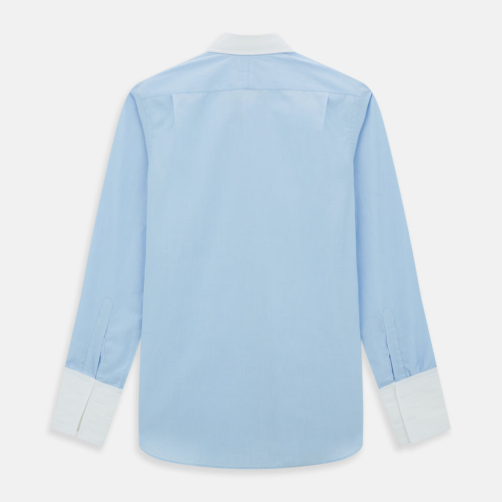 Turnbull & Asser Light Blue End-on-End Shirt features a contrast T&A white collar, double cuffs, long sleeves, and button-down front. Displayed on a plain white background.