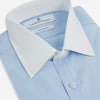 View 2 of product Turnbull & Asser Light Blue End-on-End Shirt features a contrast T&A white collar, double cuffs, long sleeves, and button-down front. Displayed on a plain white background.
