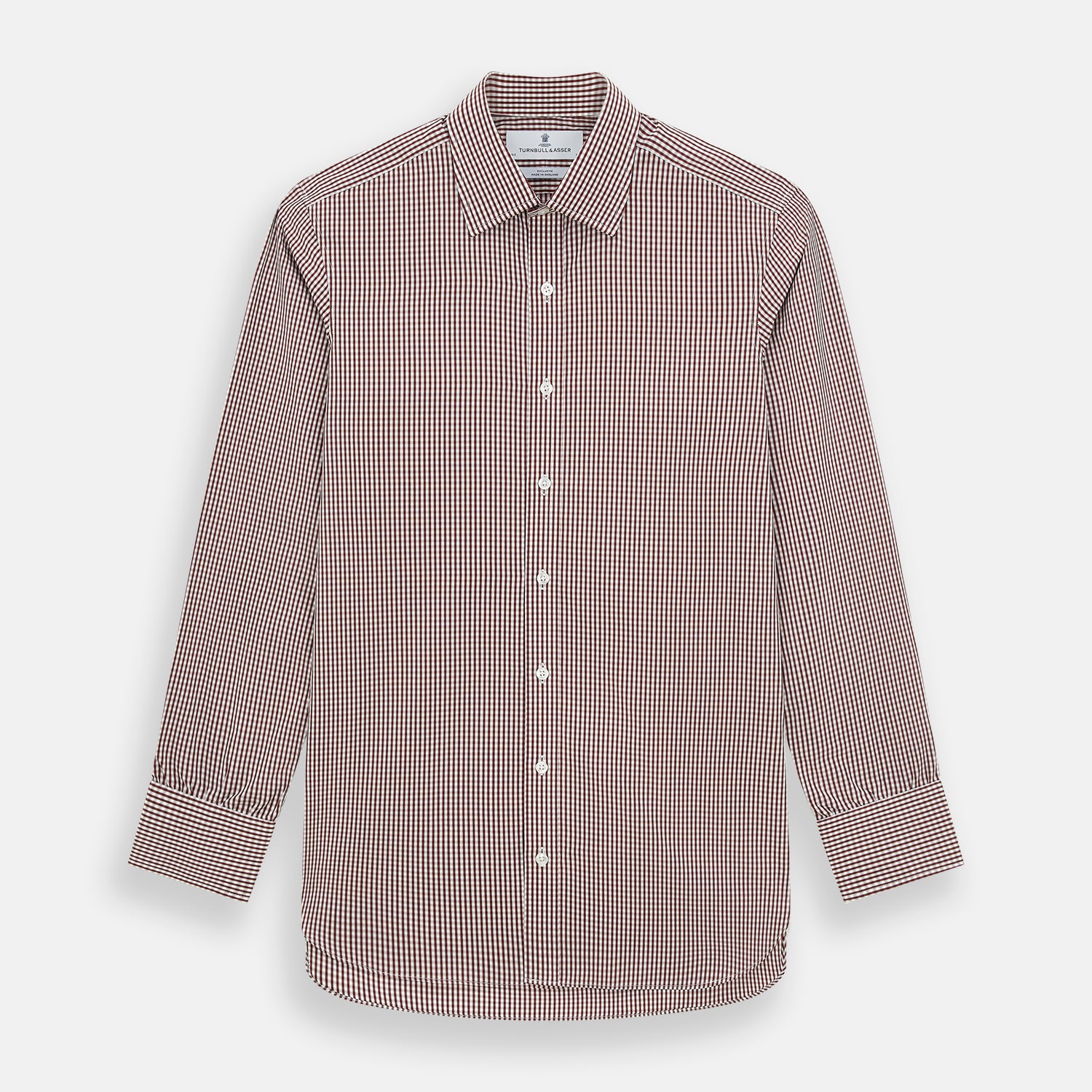 View 1 of product The Turnbull & Asser Burgundy Micro Check Winston Shirt is a long-sleeved, button-up Mayfair fit dress shirt with a collar and buttoned cuffs, featuring a small red and white check pattern and shown on a white background.