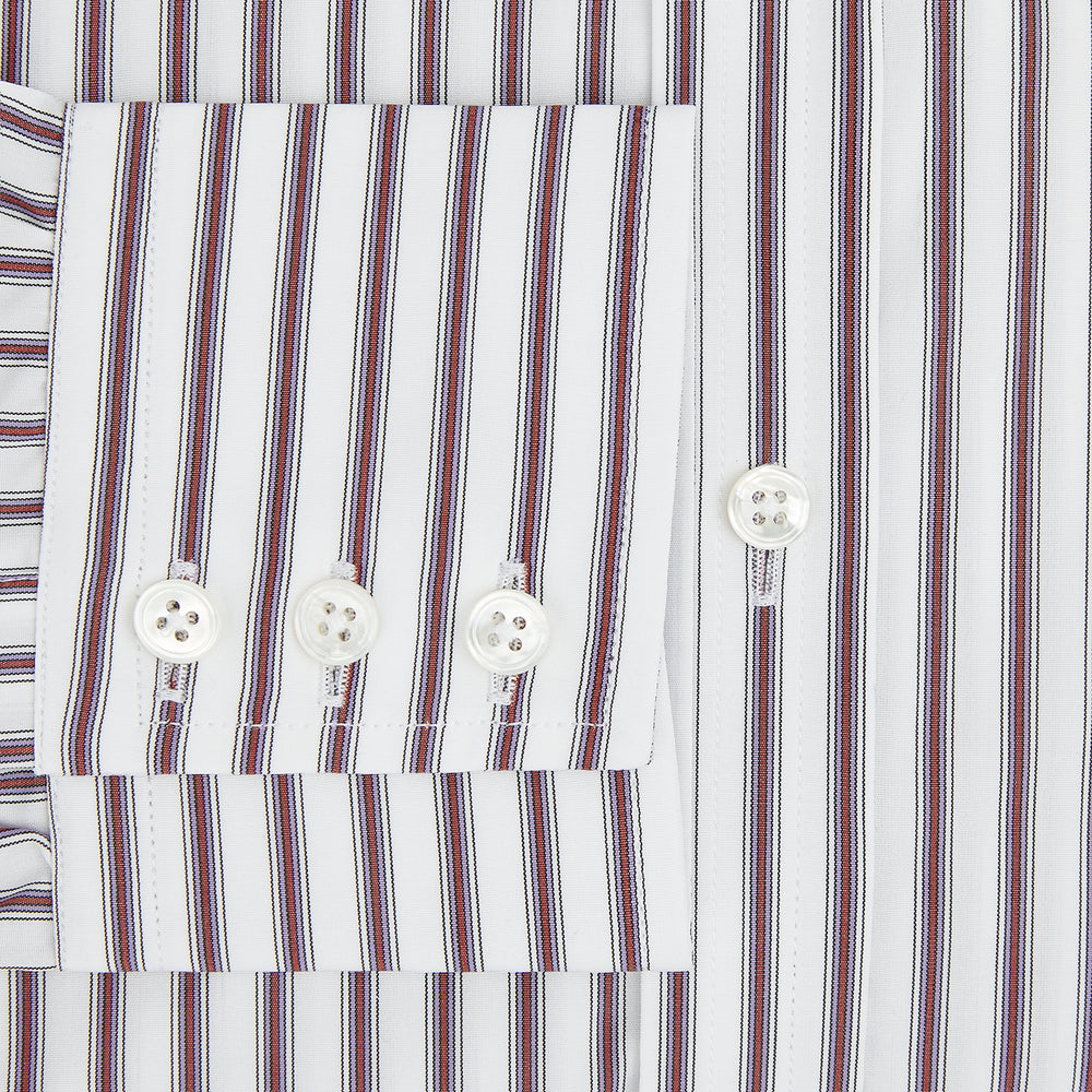 The Turnbull & Asser Burgundy Track Stripe Winston Shirt features long sleeves, classic collar, buttoned cuffs, and vertical white and dark maroon stripes—perfect for formal wear and shown laid flat against a white background.