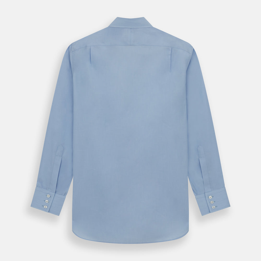 The Turnbull & Asser Light Blue End-on-End Shirt, featuring a T&A collar and 3-button cuffs, is laid flat on a white background—perfect for smart looks or complementing your favorite navy suit.