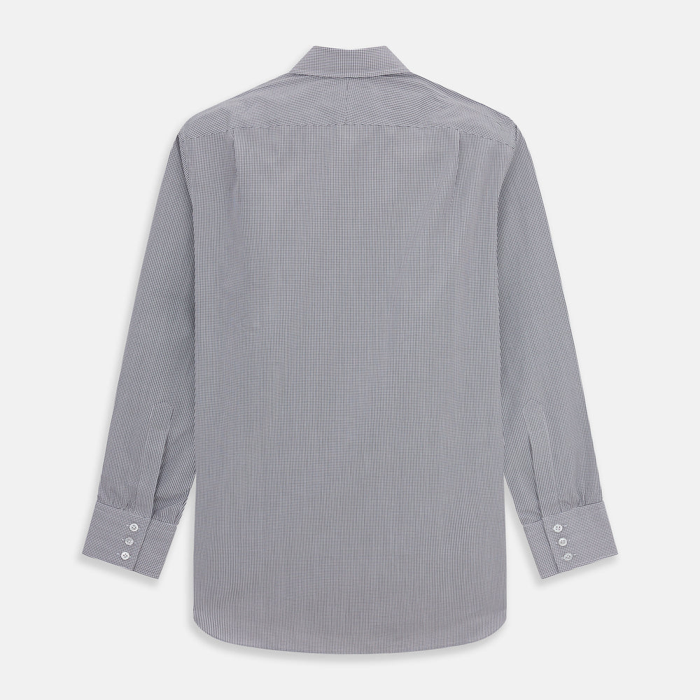 The Turnbull & Asser Dark Blue and White Graph Check Mayfair Shirt is a long-sleeve, button-up shirt with a pointed collar, shown on a plain white background.