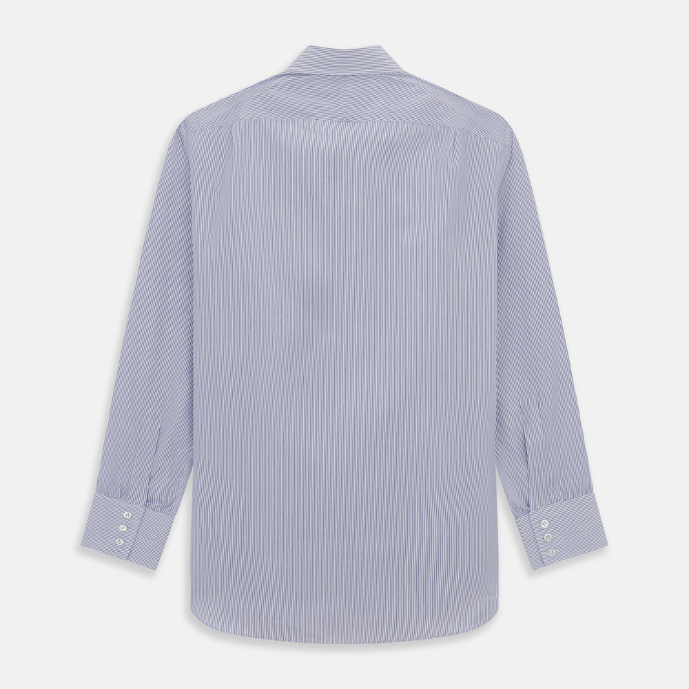 The Turnbull & Asser Blue Pinstripe Mayfair Shirt is a cotton poplin, long-sleeve button-down with a classic collar and white buttons, shown laid flat on a white background.