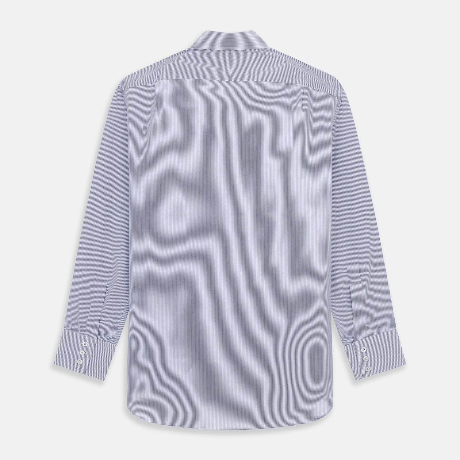 View 5 of product The Turnbull & Asser Blue Pinstripe Mayfair Shirt is a cotton poplin, long-sleeve button-down with a classic collar and white buttons, shown laid flat on a white background.