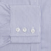 View 3 of product The Turnbull & Asser Blue Pinstripe Mayfair Shirt is a cotton poplin, long-sleeve button-down with a classic collar and white buttons, shown laid flat on a white background.