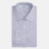View 4 of product The Turnbull & Asser Blue Pinstripe Mayfair Shirt is a cotton poplin, long-sleeve button-down with a classic collar and white buttons, shown laid flat on a white background.