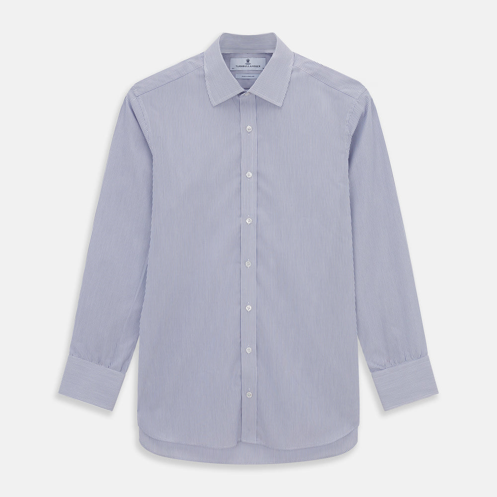 The Turnbull & Asser Blue Pinstripe Mayfair Shirt is a cotton poplin, long-sleeve button-down with a classic collar and white buttons, shown laid flat on a white background.