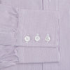 View 3 of product The Purple Pinstripe Mayfair Shirt by Turnbull & Asser is a light purple cotton poplin long-sleeve button-up with white stripes, a pointed collar, white buttons, and cuffed sleeves, shown laid flat on a white background.