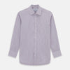 View 1 of product The Purple Pinstripe Mayfair Shirt by Turnbull & Asser is a light purple cotton poplin long-sleeve button-up with white stripes, a pointed collar, white buttons, and cuffed sleeves, shown laid flat on a white background.