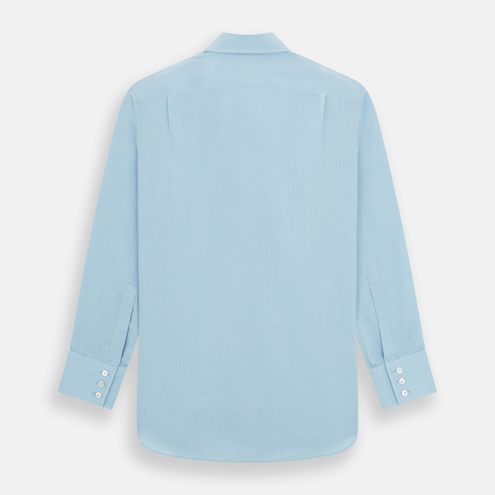The Turnbull & Asser Blue Cotton Cashmere Mayfair Shirt features long sleeves, a classic collar, buttoned cuffs, and white buttons, shown against a white background.