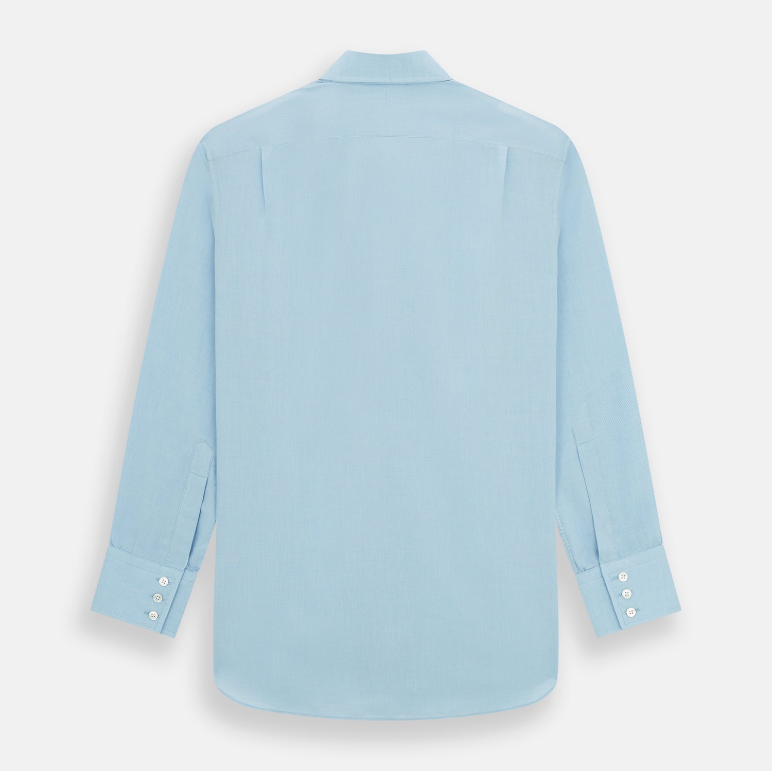 View 5 of product The Turnbull & Asser Blue Cotton Cashmere Mayfair Shirt features long sleeves, a classic collar, buttoned cuffs, and white buttons, shown against a white background.
