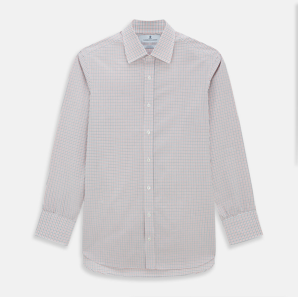 The Turnbull & Asser Red and Navy Graph Check Mayfair Shirt is a long-sleeved organic cotton button-up featuring a collar, buttoned cuffs, and a small red and navy check pattern, shown against a plain white background.