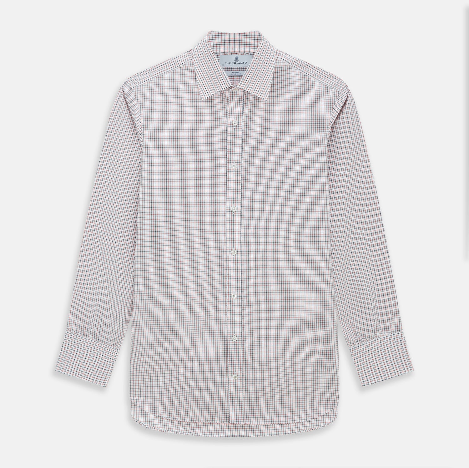 View 1 of product The Turnbull & Asser Red and Navy Graph Check Mayfair Shirt is a long-sleeved organic cotton button-up featuring a collar, buttoned cuffs, and a small red and navy check pattern, shown against a plain white background.