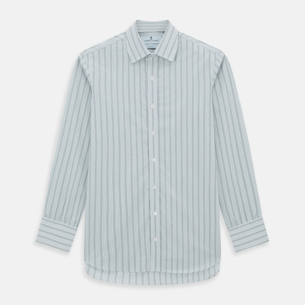 Grey Fine Track Stripe Mayfair Shirt by Turnbull & Asser, featuring breathable cotton with a T&A collar and buttoned cuffs, shown laid flat on a white background.