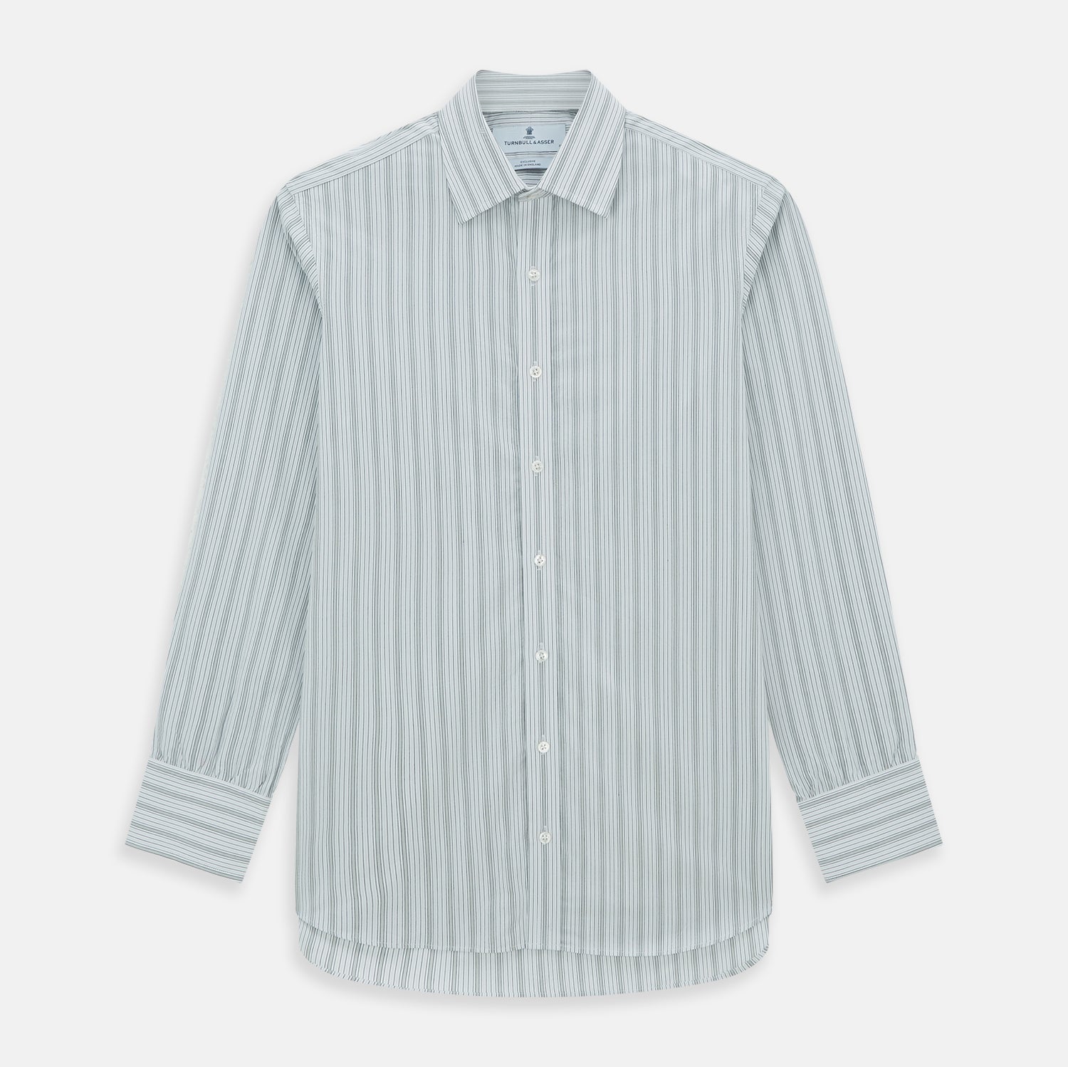 View 1 of product Grey Fine Track Stripe Mayfair Shirt by Turnbull & Asser, featuring breathable cotton with a T&A collar and buttoned cuffs, shown laid flat on a white background.