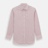 View 1 of product The Turnbull & Asser Pink Multi Track Stripe Mayfair Shirt features long sleeves, a button-down front, classic collar, and buttoned cuffs with red and pink stripes on white, neatly displayed on a light background.