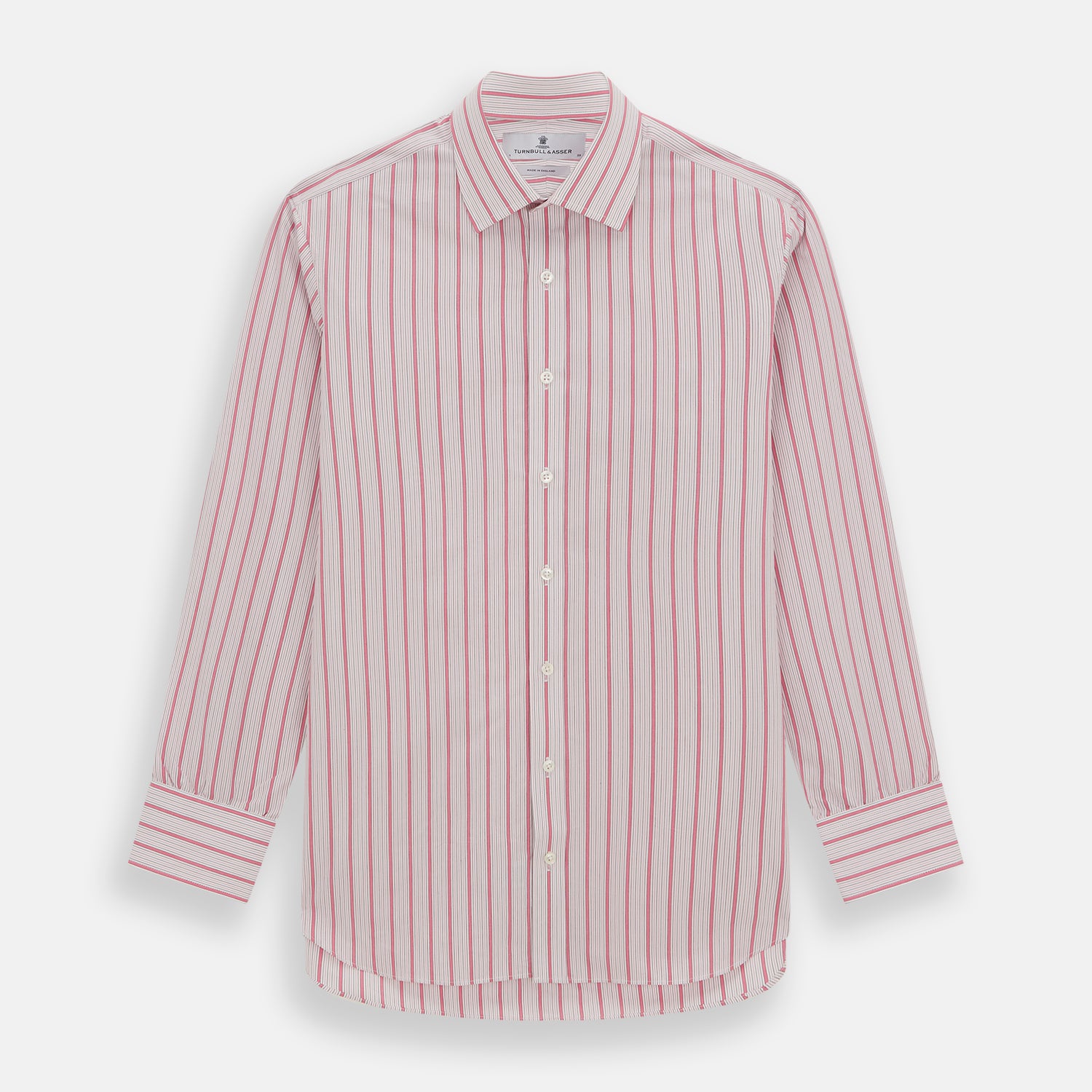 View 1 of product The Turnbull & Asser Pink Multi Track Stripe Mayfair Shirt features long sleeves, a button-down front, classic collar, and buttoned cuffs with red and pink stripes on white, neatly displayed on a light background.