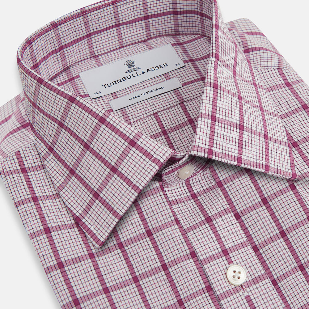The Turnbull & Asser Purple Graph Overlay Check Mayfair Shirt is a long-sleeve, button-up shirt with a check pattern, classic collar, and buttoned cuffs, displayed against a plain white background.