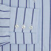 View 3 of product The Blue Track Stripe Mayfair Shirt by Turnbull & Asser features long sleeves, a T&A collar, vertical dark blue stripes on light blue organic cotton, and is shown against a plain white background.