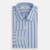 View 4 of product The Blue Track Stripe Mayfair Shirt by Turnbull & Asser features long sleeves, a T&A collar, vertical dark blue stripes on light blue organic cotton, and is shown against a plain white background.