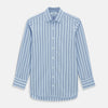 View 1 of product The Blue Track Stripe Mayfair Shirt by Turnbull & Asser features long sleeves, a T&A collar, vertical dark blue stripes on light blue organic cotton, and is shown against a plain white background.