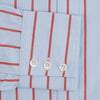 View 3 of product The Red Track Stripe Mayfair Shirt by Turnbull & Asser is made from organic cotton, features a T&A collar, and displays red vertical stripes on light blue, shown against a plain white background.
