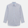 View 1 of product The Red Track Stripe Mayfair Shirt by Turnbull & Asser is made from organic cotton, features a T&A collar, and displays red vertical stripes on light blue, shown against a plain white background.