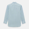 View 6 of product The Light Green and Blue Stripe Mayfair Shirt by Turnbull & Asser, crafted from organic cotton with vertical stripes and a classic T&A collar, is shown with buttoned cuffs against a plain white background.