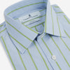 View 2 of product The Light Green and Blue Stripe Mayfair Shirt by Turnbull & Asser, crafted from organic cotton with vertical stripes and a classic T&A collar, is shown with buttoned cuffs against a plain white background.